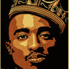 A close-up portrait of Tupac wearing a golden crown, printed on kraft paper.