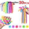 A set of 30 colorful caterpillar-shaped stretch sensory fidget toys in various bright colors.