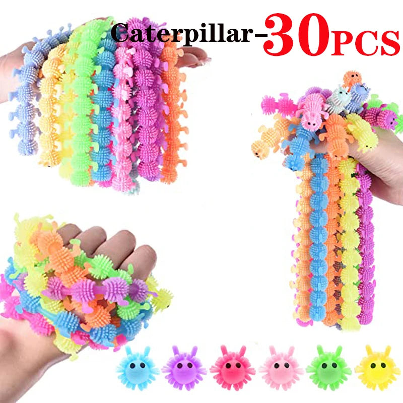 A set of 30 colorful caterpillar-shaped stretch sensory fidget toys in various bright colors.