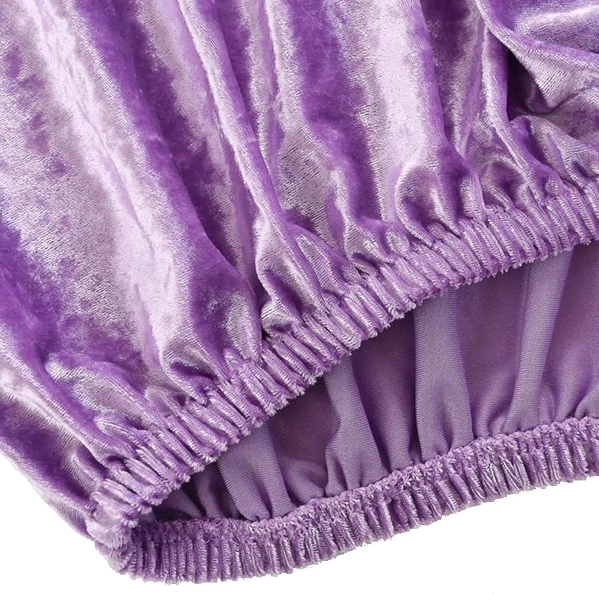 Purple spandex cylinder stand covers with gathered fabric detail