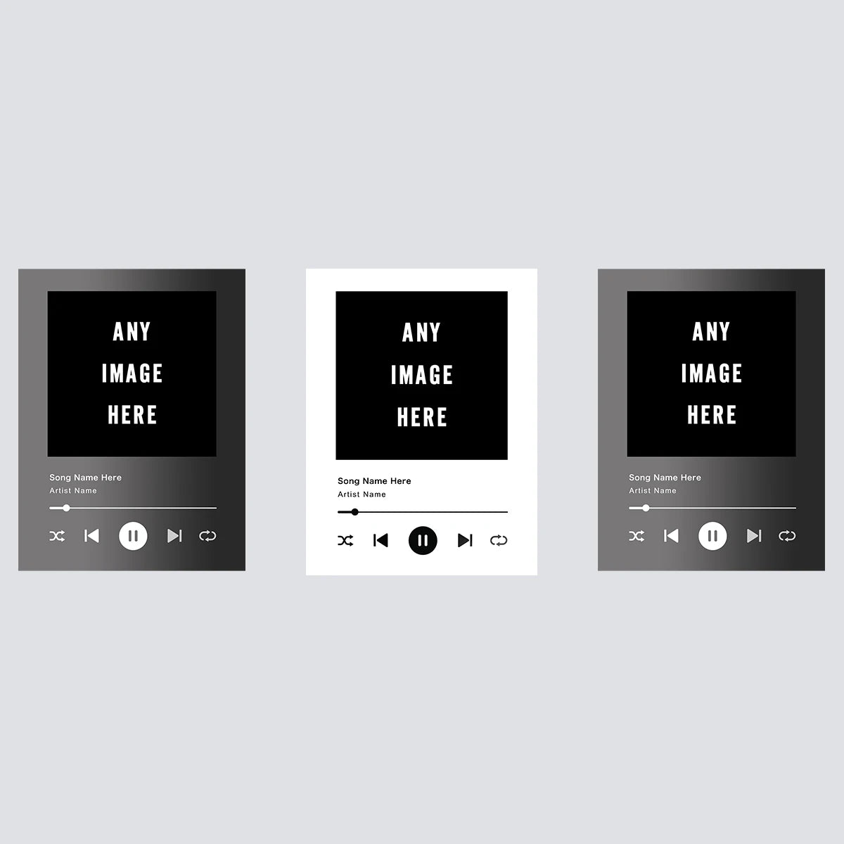 Three blank digital canvases for personalized song lyric posters, each showing the text Any Image Here and playback controls.