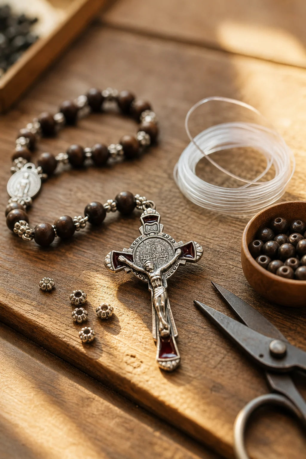 A silver crucifix pendant with a red enamel finish rests on a wooden surface next to beaded bracelets and fishing line.