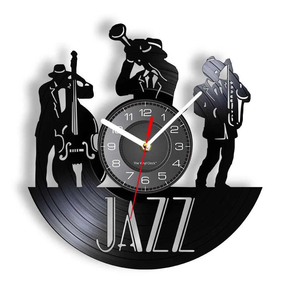 A black silhouette of a jazz musician playing a saxophone is displayed on a vintage vinyl record wall clock.