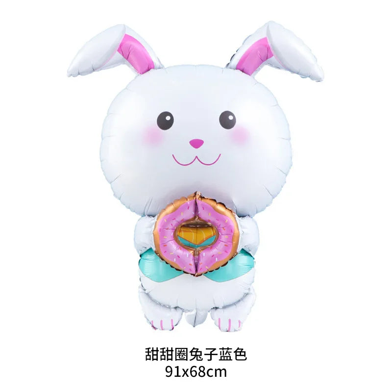 A white cartoon bunny foil balloon with pink inner ears and a colorful belly design.