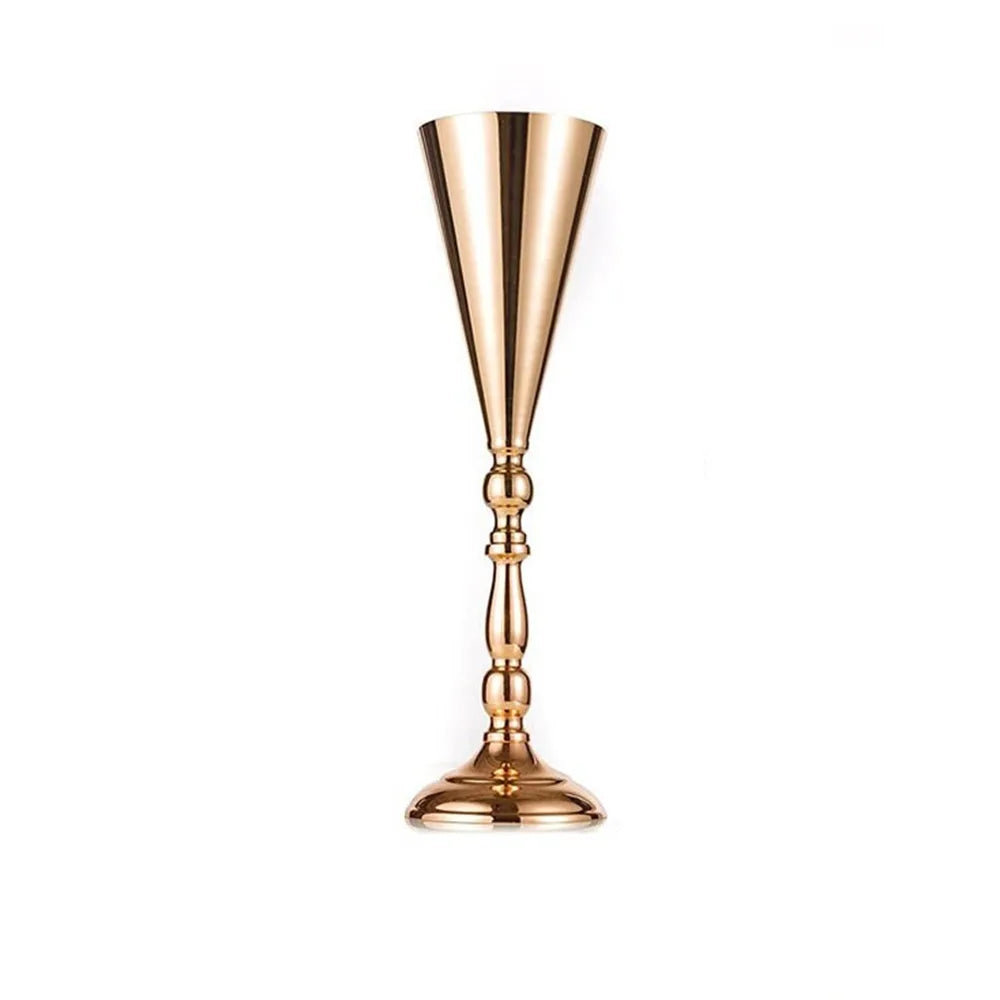 Elegant golden silver wedding flower vase with a tapered, trumpet shape.