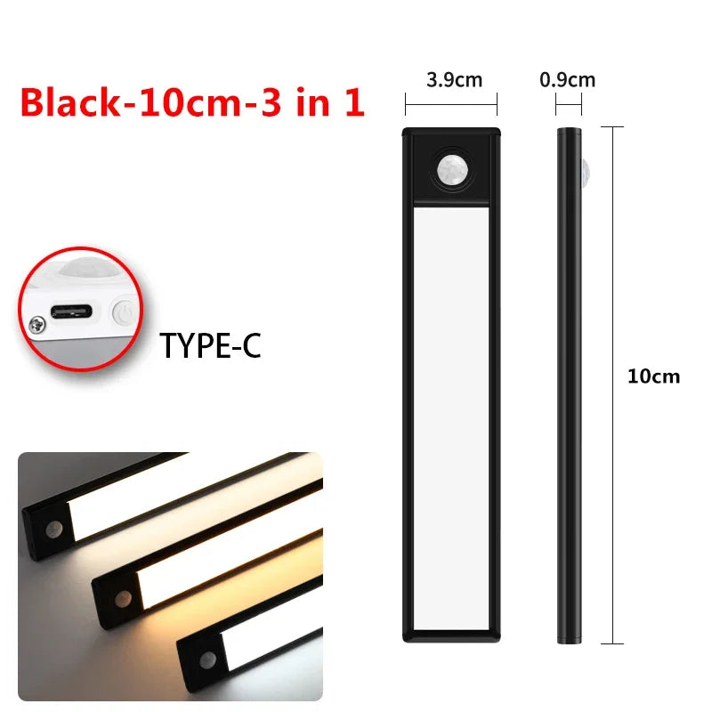 Black 10cm 3-in-1 motion sensor under cabinet light with Type-C charging capability