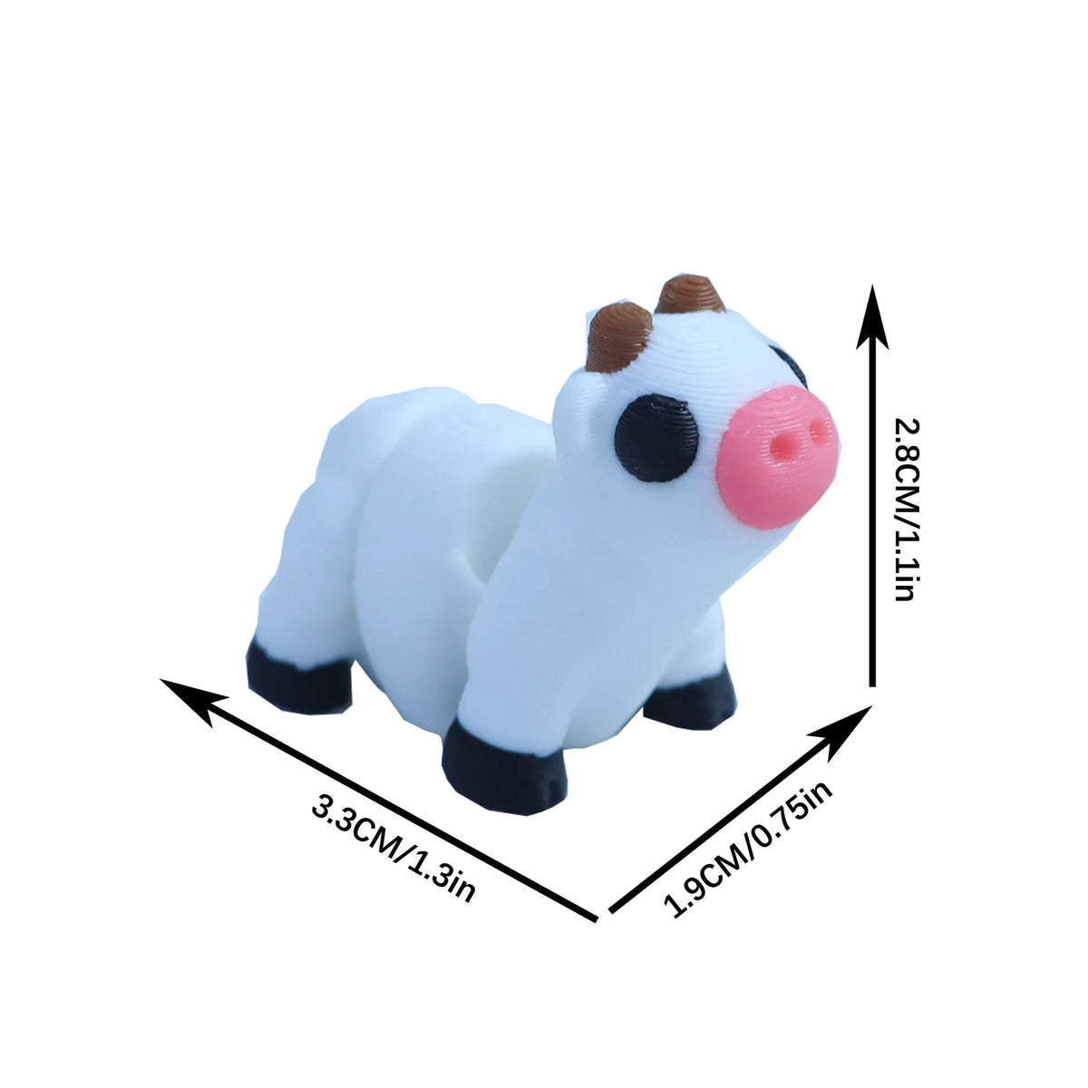 A white and brown cartoon animal figurine with a pink nose, shown from the side.