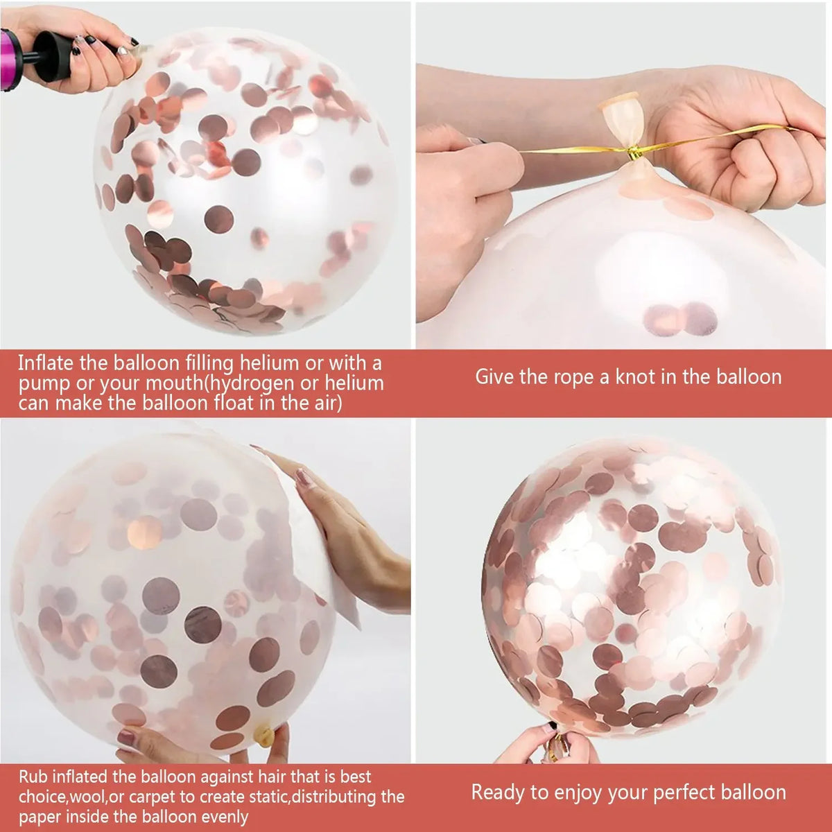 Instructions for inflating and knotting rose gold foil balloons for birthday party decor