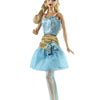 A blonde doll wearing a light blue dress with gold accents and a matching skirt, displayed against a white background.
