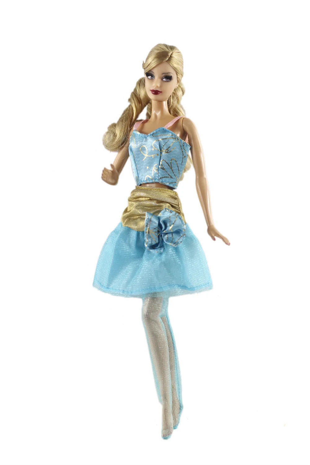 A blonde doll wearing a light blue dress with gold accents and a matching skirt, displayed against a white background.