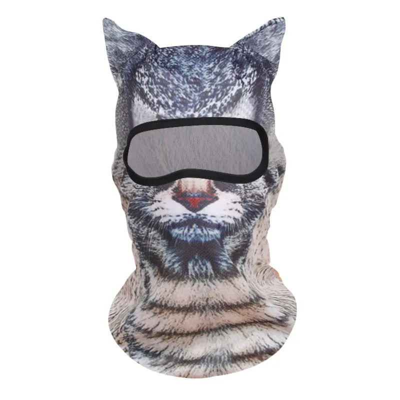 A gray and black cat animal ski balaclava with ears