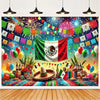 A vibrant Mexican fiesta photo backdrop featuring a sombrero, guitar, and cactus design.