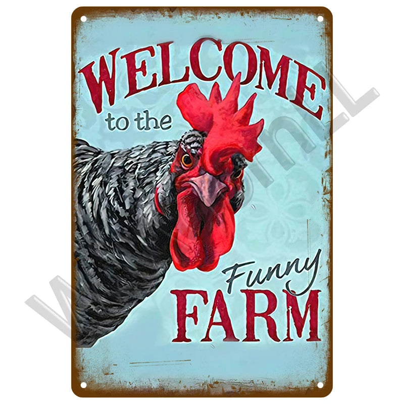 A rustic metal plaque with red and black text welcoming visitors to a funny farm featuring a rooster illustration.