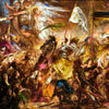 A dramatic painting depicting a chaotic historical or mythological scene with figures in motion and light.