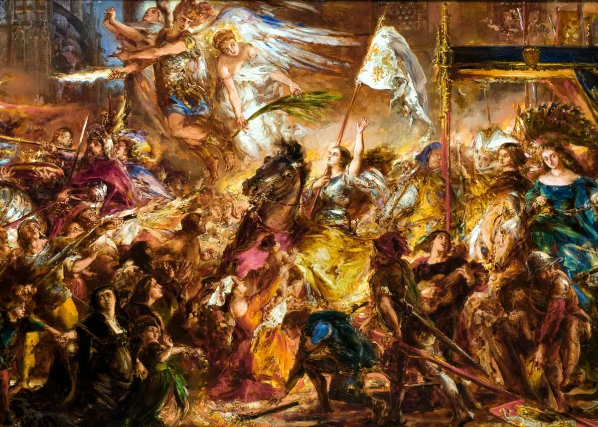 A dramatic painting depicting a chaotic historical or mythological scene with figures in motion and light.