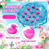 Pink resin flamingo duck figurines floating in blue water with floral background