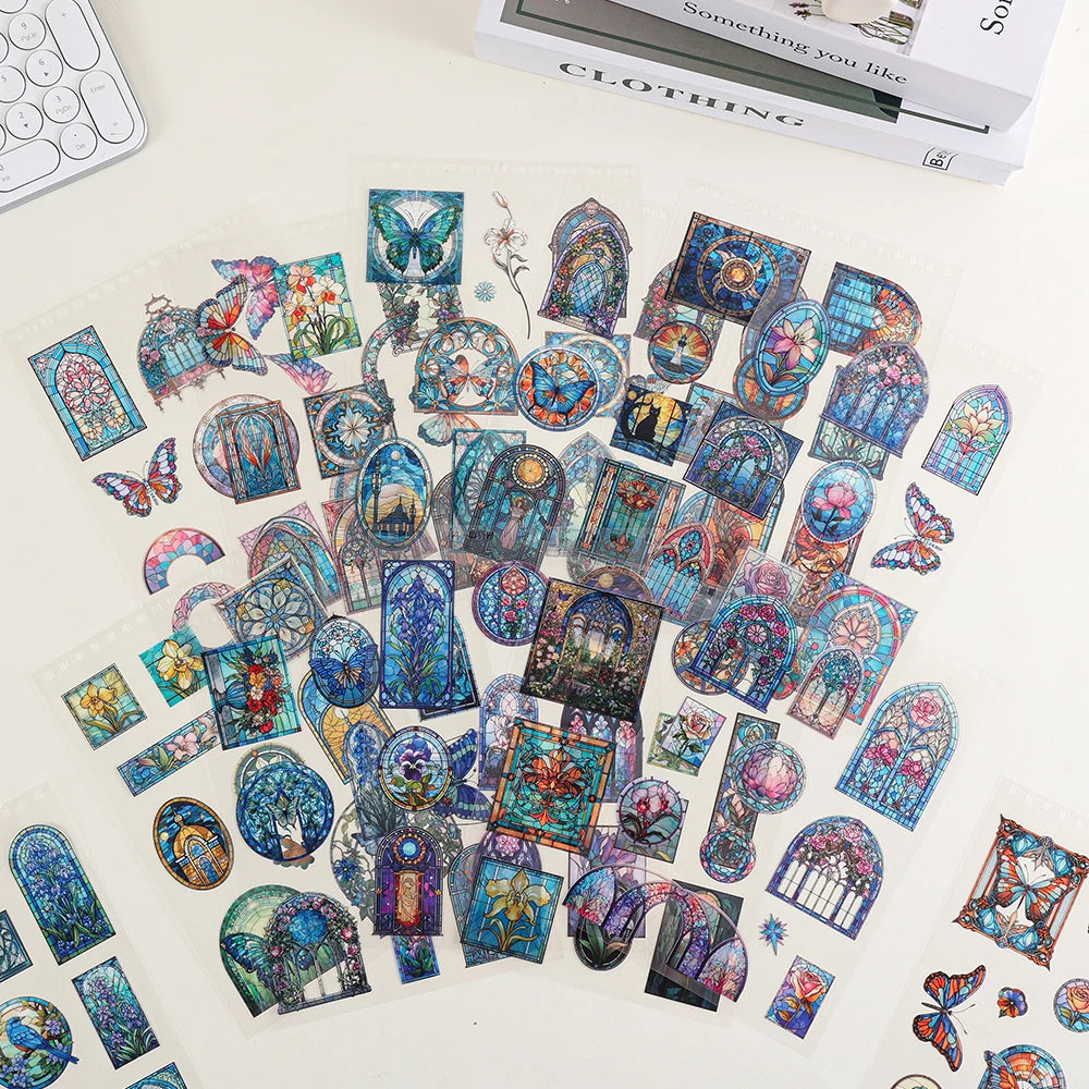 A collection of vintage floral window scrapbooking stickers featuring colorful stained glass patterns and butterflies.