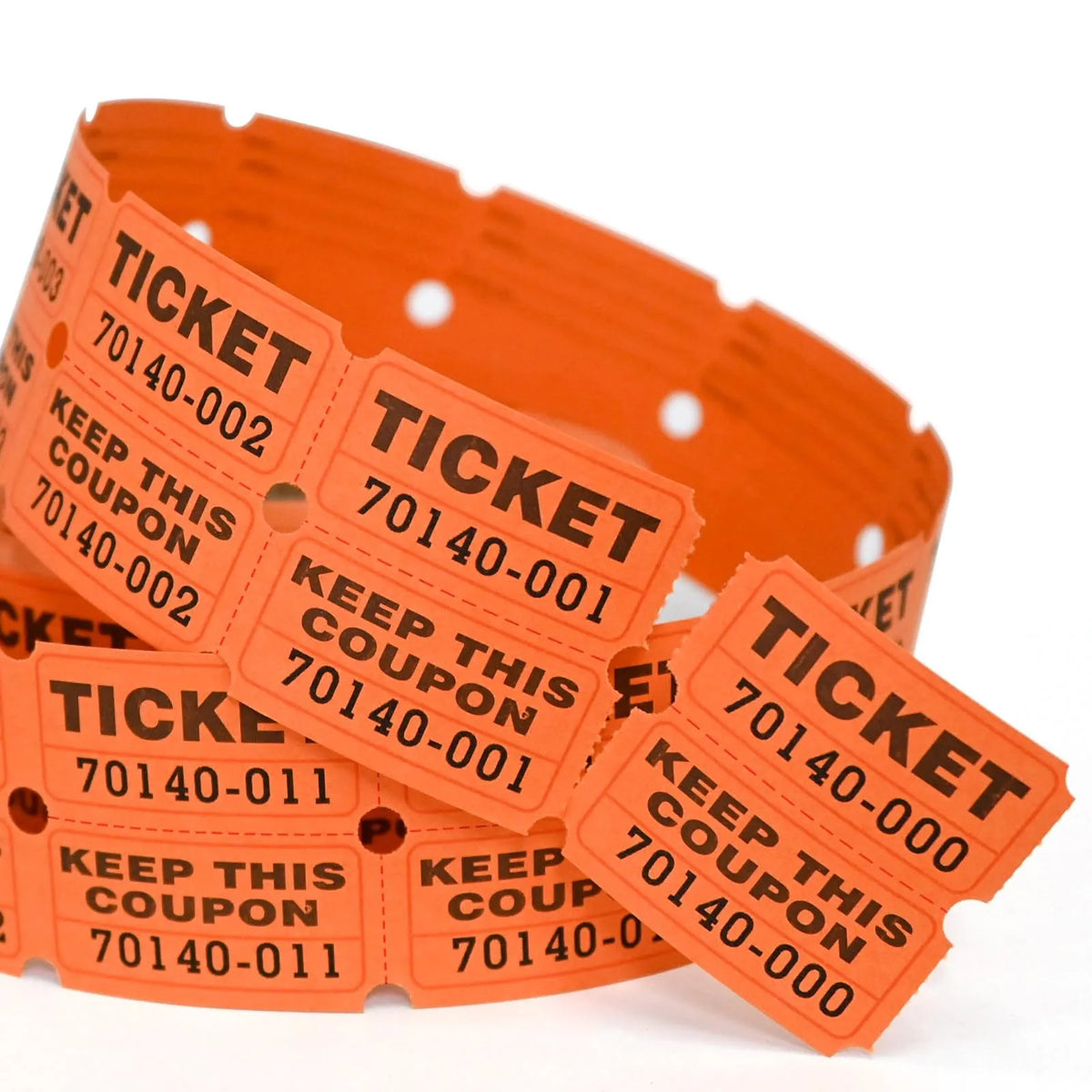 Orange tearable raffle tickets stacked on a wristband or band.