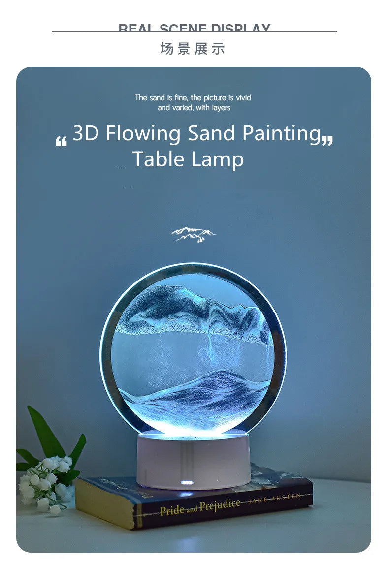 A 3D flowing sand painting lamp displays a swirling blue wave pattern on a circular glass surface.