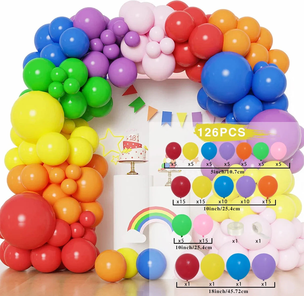 A colorful balloon garland arch kit featuring various colored balloons arranged in an arch shape for party decorations.