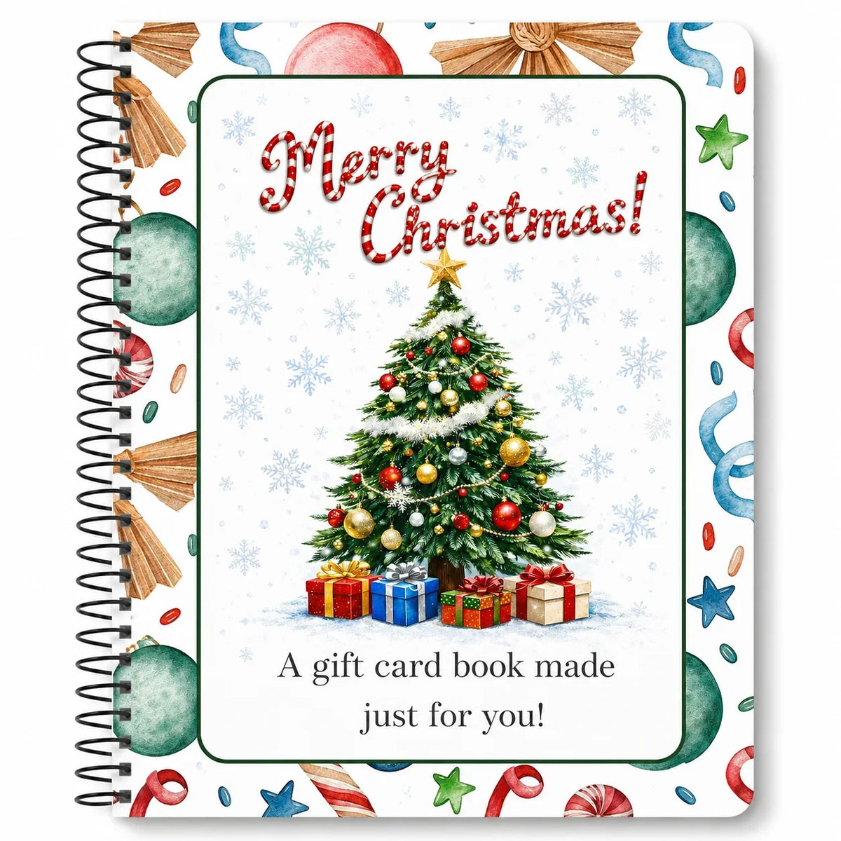 A festive gift card book featuring a Christmas tree decorated with ornaments and wrapped presents on a snowy background.
