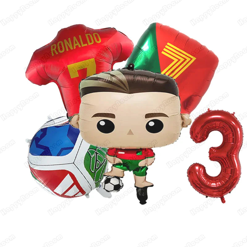 A set of football-themed birthday balloons including a character figure and large foil balloons shaped like a football and th