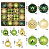 A collection of festive Christmas ball ornaments in various colors including green, gold, and silver finishes.