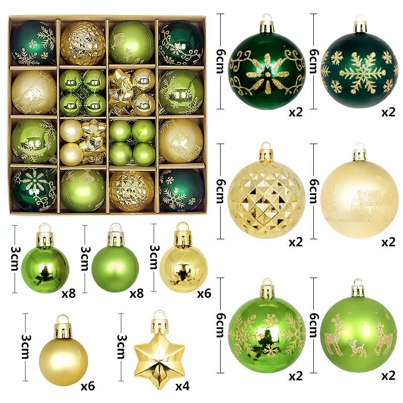 A collection of festive Christmas ball ornaments in various colors including green, gold, and silver finishes.