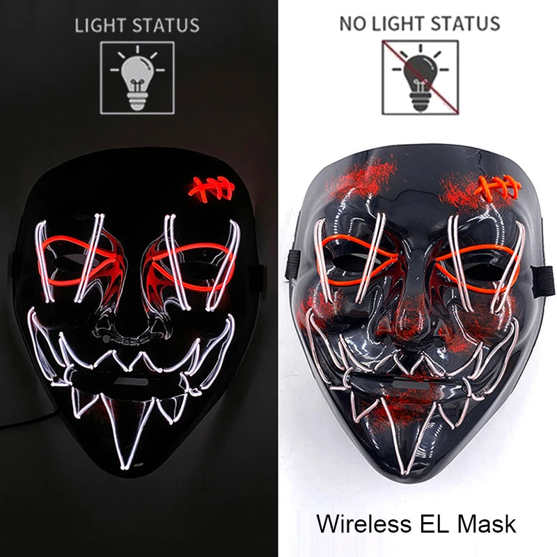 A black EL mask featuring red and white neon wire details, shown in both light and no light status.