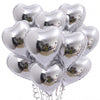 A bunch of silver heart-shaped foil balloons filled with photos, tied together for decoration.