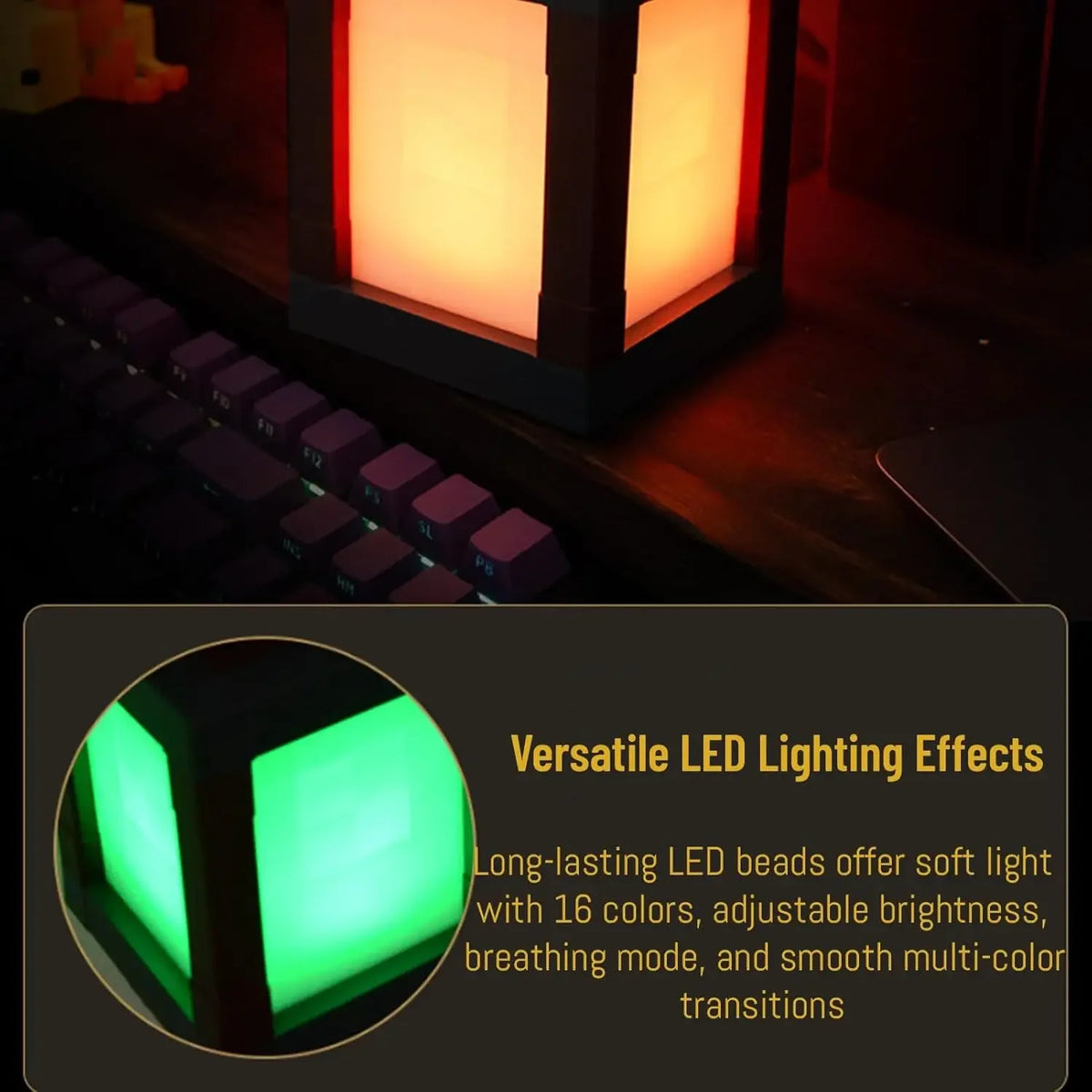 A close-up of a versatile LED lighting effect featuring long-lasting LED beads with 16 colors and adjustable brightness.