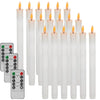 A collection of white flameless LED taper candles and a remote control for timing the candles.