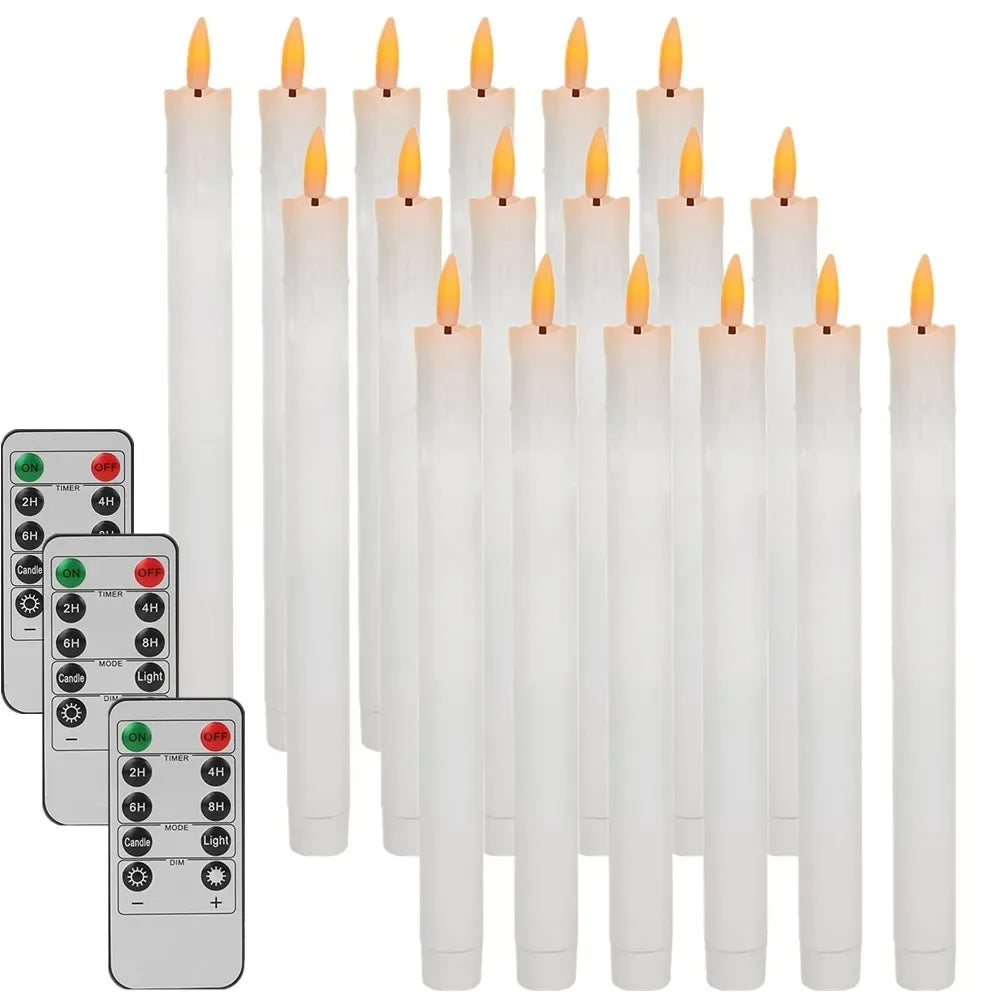 A collection of white flameless LED taper candles and a remote control for timing the candles.