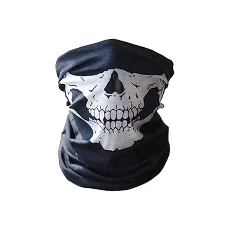 Black fabric mask featuring a white skull design, part of a Grim Reaper Halloween costume set.