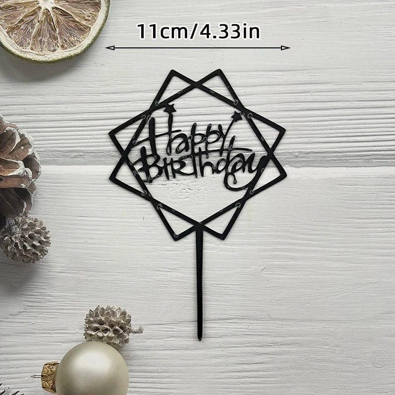 Elegant black and gold acrylic cake topper set with a hexagonal design and happy birthday text