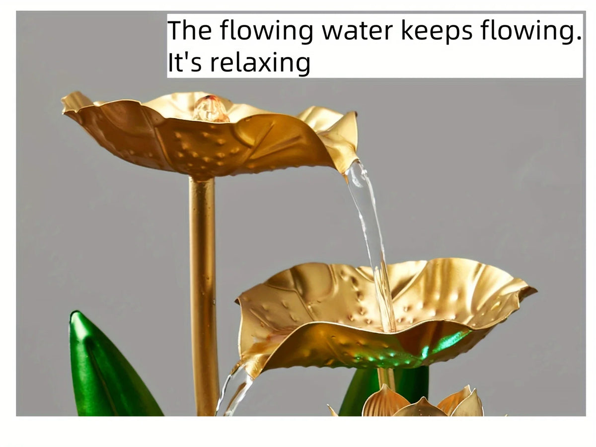 A golden flower-shaped fountain pours water, creating a relaxing flow effect.
