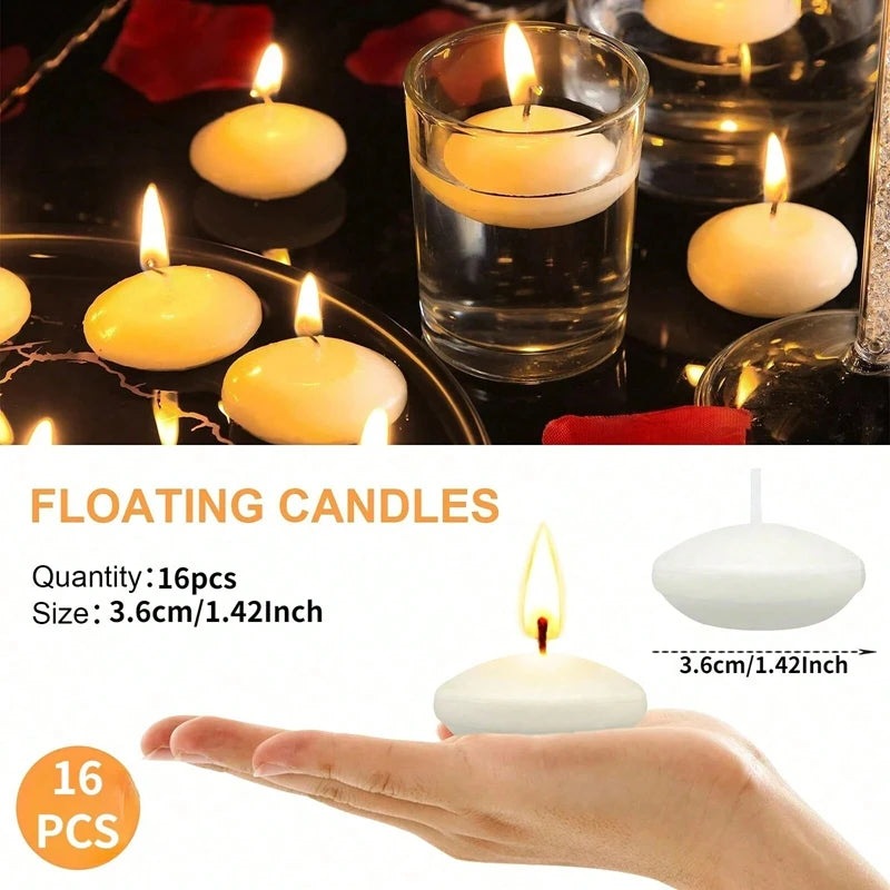 A hand holds a white floating candle, demonstrating the size of the unscented floating candles.