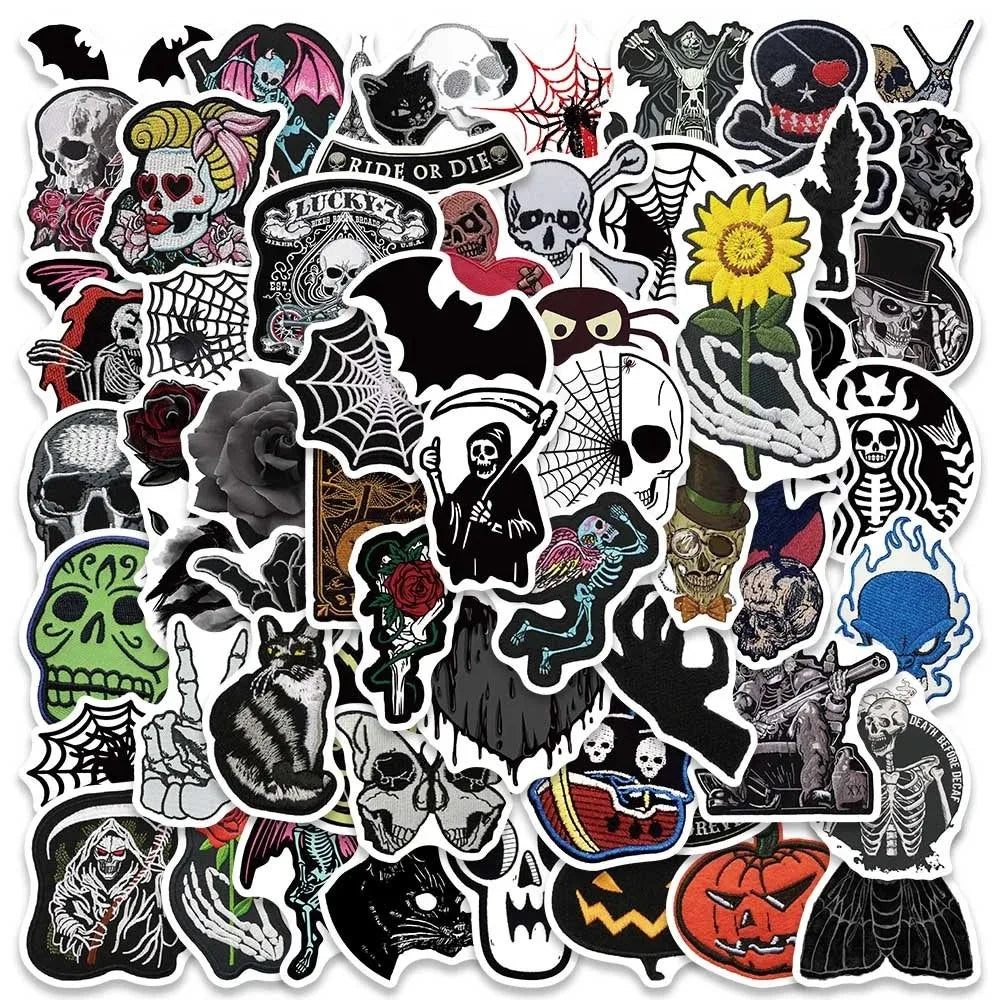 A collection of black and white skeleton and Halloween themed stickers for various surfaces.