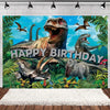 A vibrant illustration of various cartoon dinosaurs in a lush green jungle setting for a birthday party backdrop.