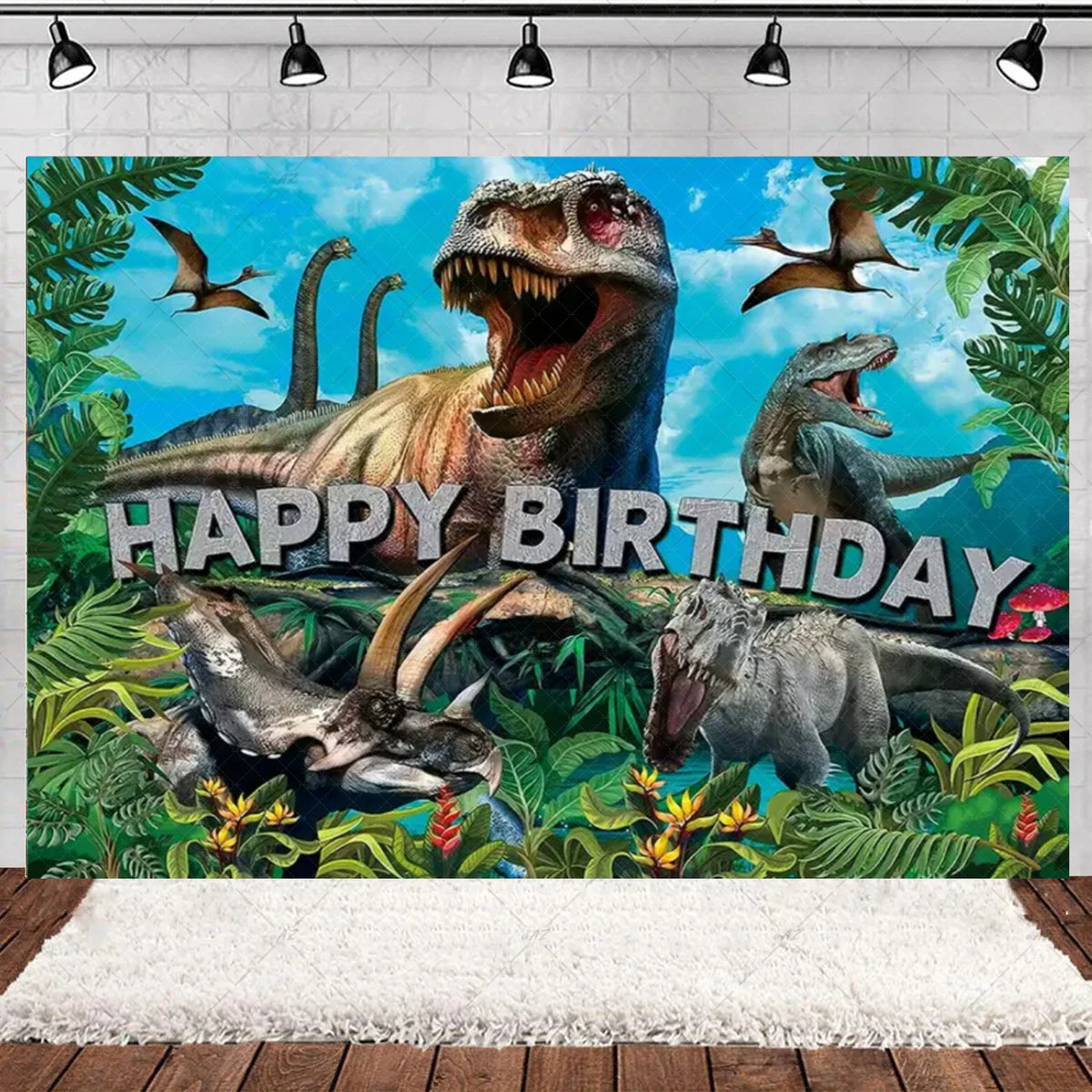 A vibrant illustration of various cartoon dinosaurs in a lush green jungle setting for a birthday party backdrop.