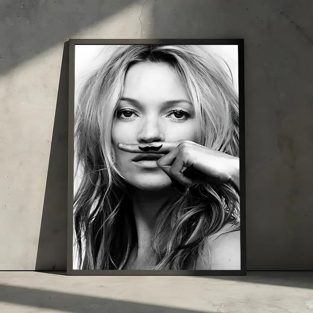 Black and white portrait of a woman with long blonde hair touching her lips