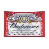 A red decorative flag featuring the Budweiser King of Beers logo and text.