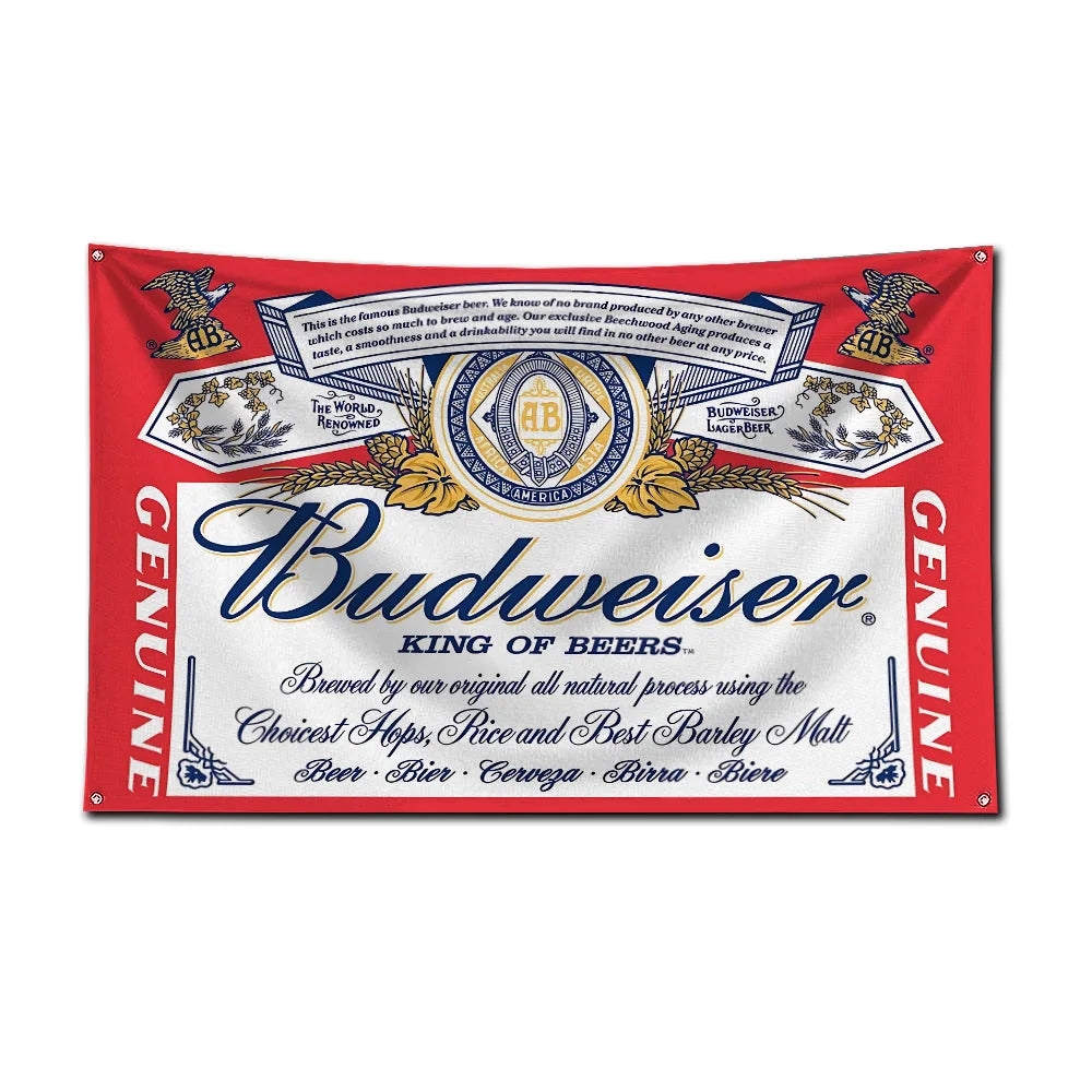 A red decorative flag featuring the Budweiser King of Beers logo and text.