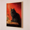 A vertical framed painting depicting a black cat smoking in a dimly lit setting against a red background.