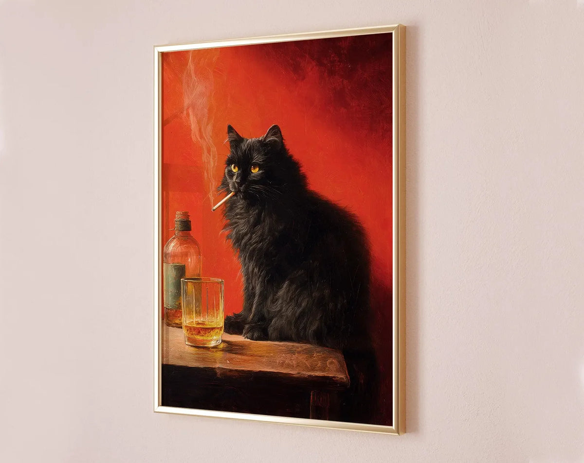 A vertical framed painting depicting a black cat smoking in a dimly lit setting against a red background.