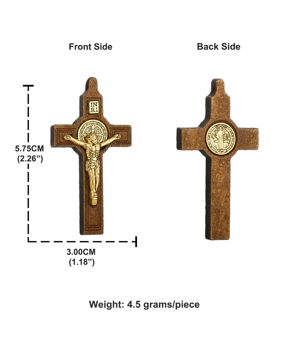 Front and back views of a wooden St. Benedict crucifix pendant with a figure of Christ.