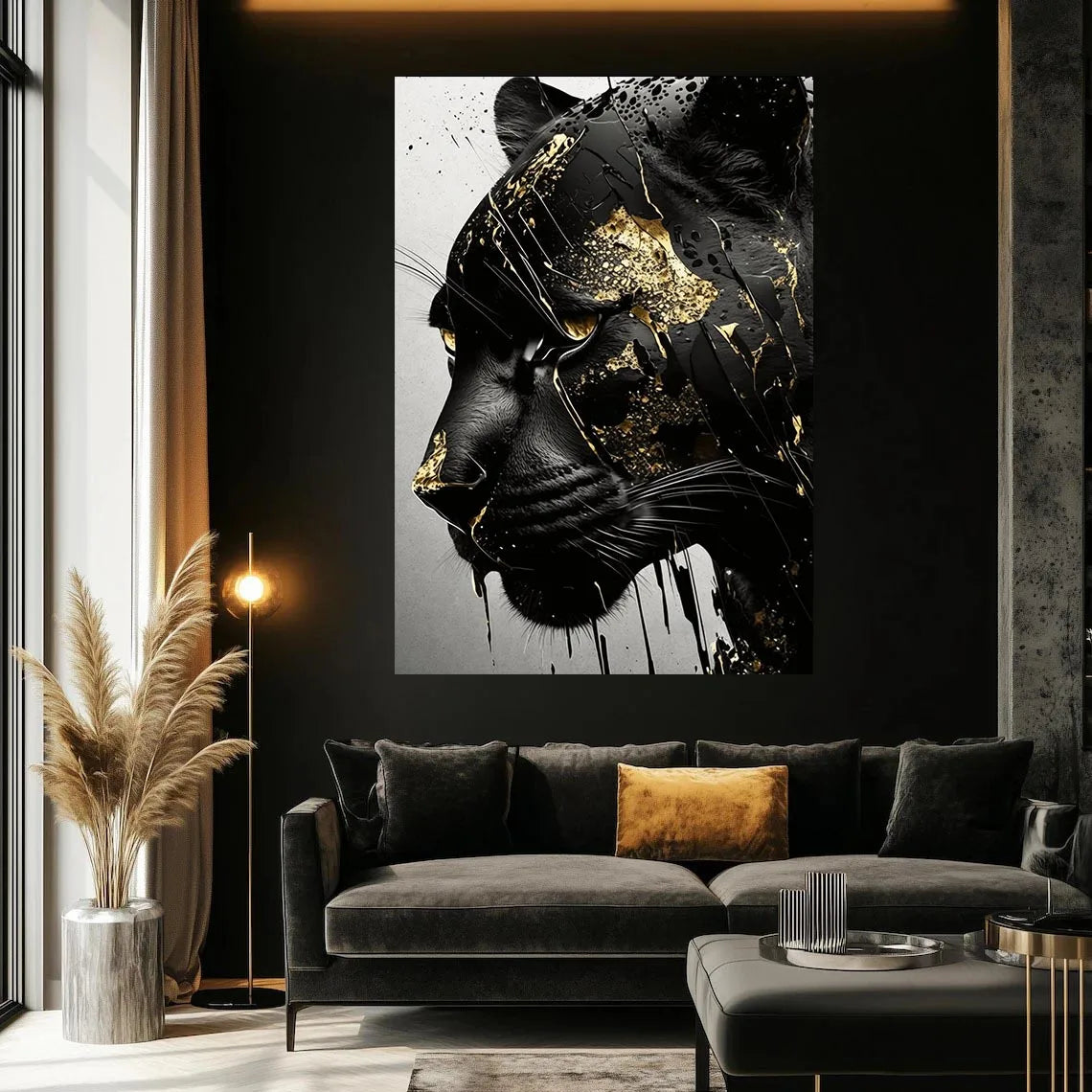A canvas print of a black panther head with gold abstract splatter art against a dark background.