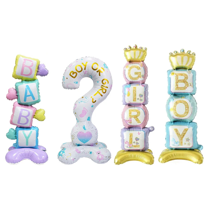 A set of giant question mark foil balloons in various colors and letters for gender reveal parties