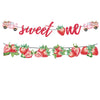 A banner featuring pink cars and strawberries spelling out sweet out, used for a strawberry party supplies kit.