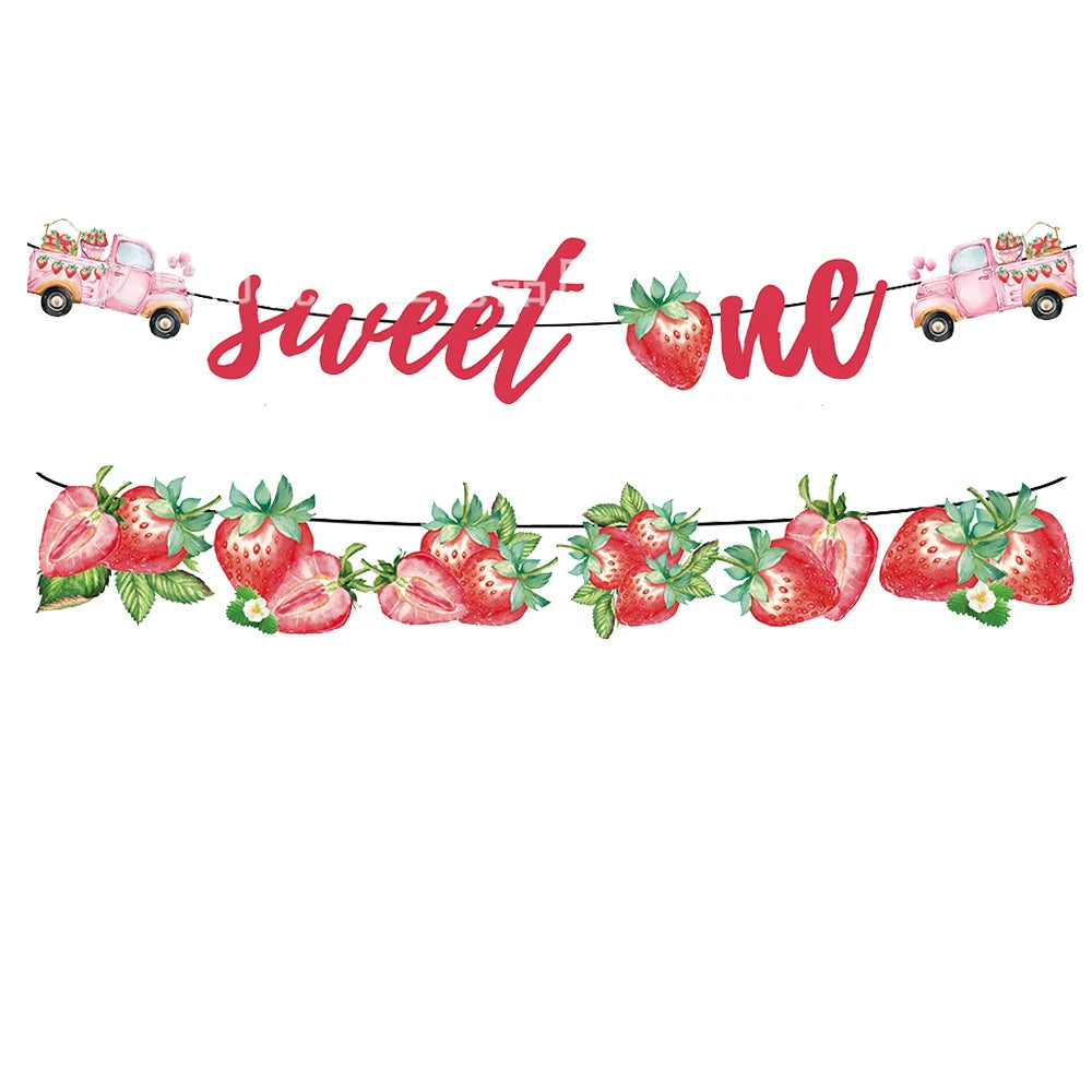 A banner featuring pink cars and strawberries spelling out sweet out, used for a strawberry party supplies kit.